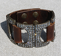 Vintage Leather, Antique Brass & Crystal Cuff (Joined Rectangles)