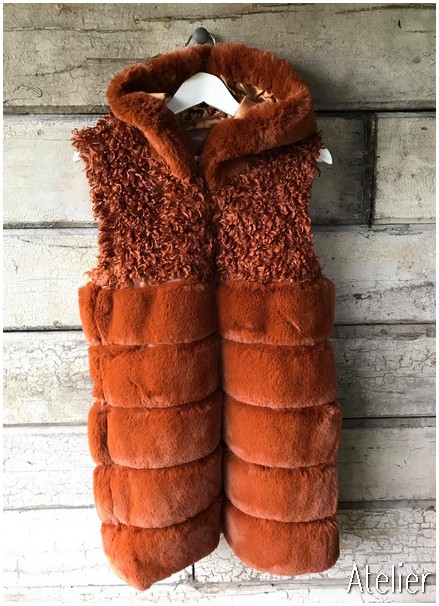 Rust Hooded Gilet in Faux Fur with Pockets 