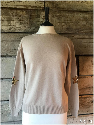 Simple Sand Sweater in Cashmere Merino with Gold Sequin Elbows