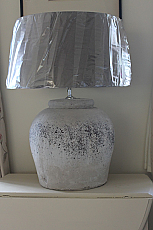 Large Chalky Grey- White Ceramic Lamp with Linen Shade in Taupe